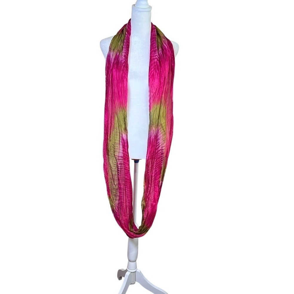 VTG Infinity Scarf Shawl Cowl Wrap Fuchsia Olive Green Silky Boho Colorful Chic
